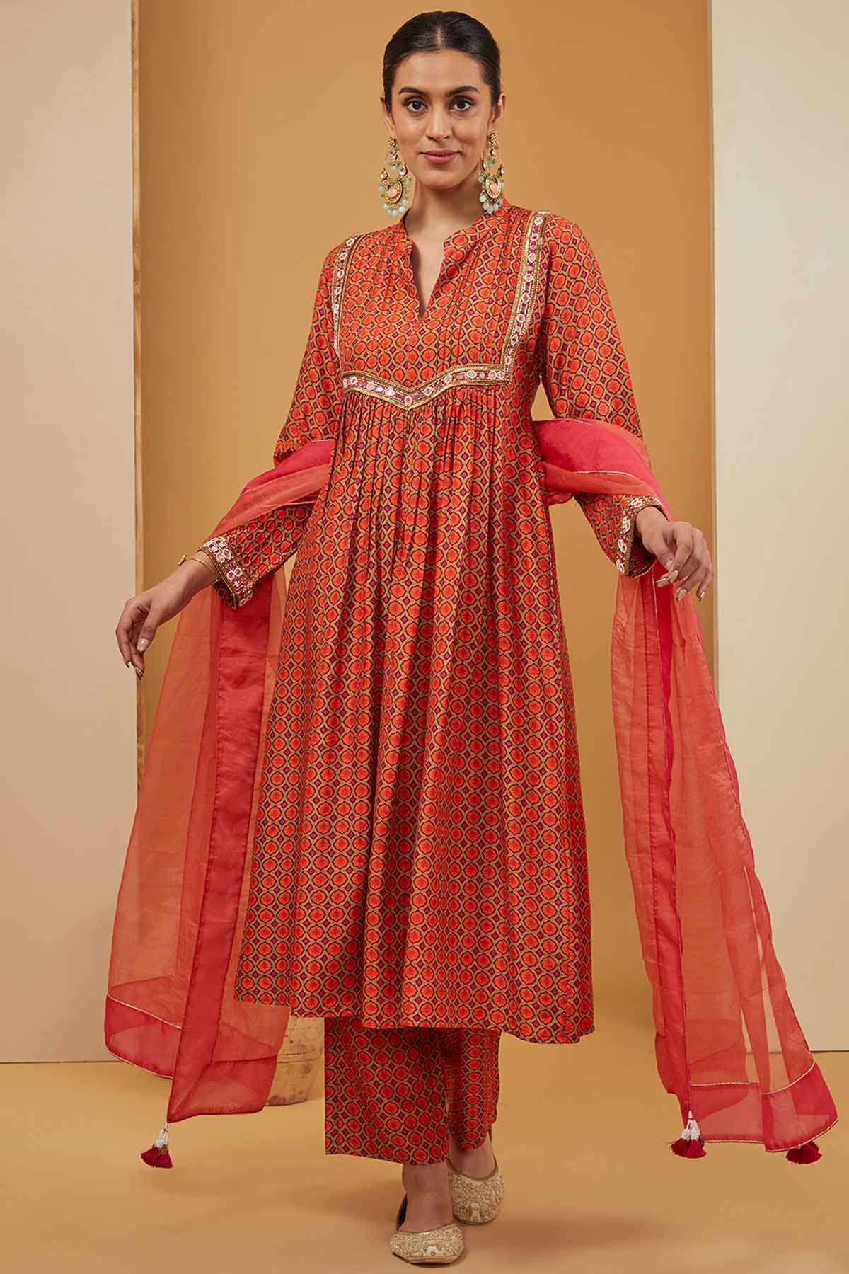 Designer Neha Khullar Orange Printed Flared Kurta Set for Women Online
